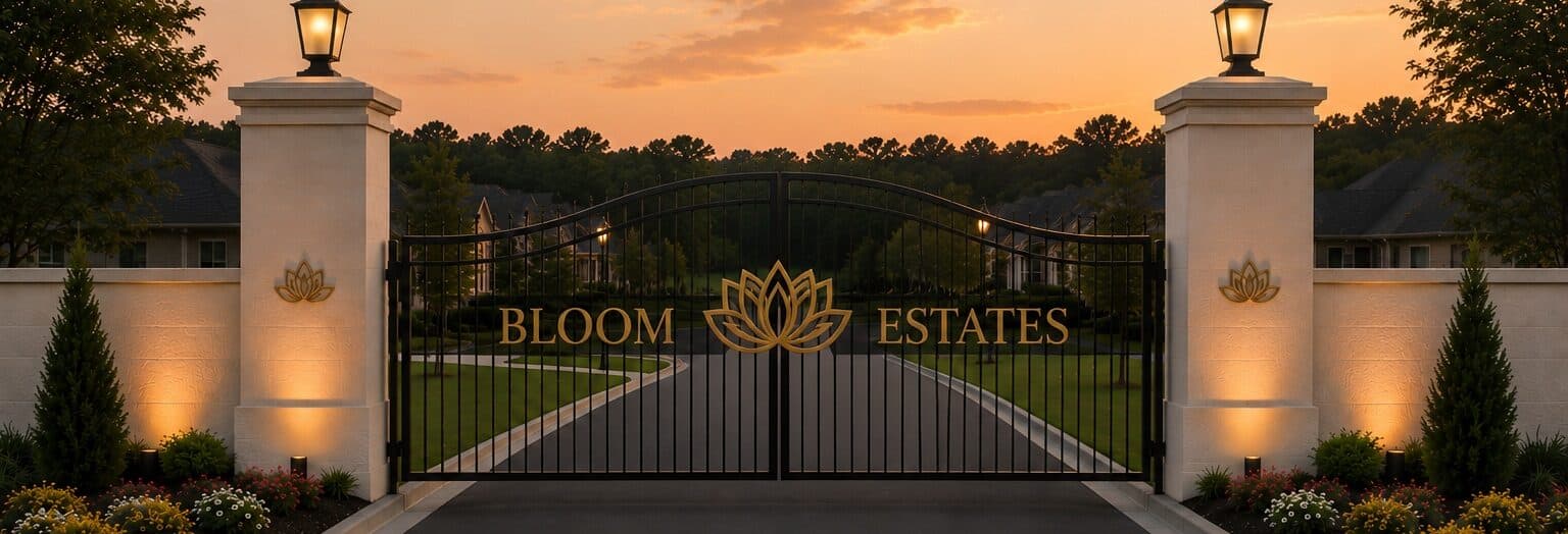 The Bloom Estates entrance concept, framed by twin lit pillars